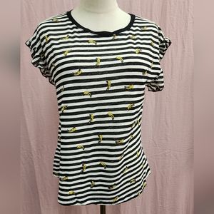 Lumière Crew Neck Ruffle Sleeve Banana/Stipes T-Shirt-(Large)NEW